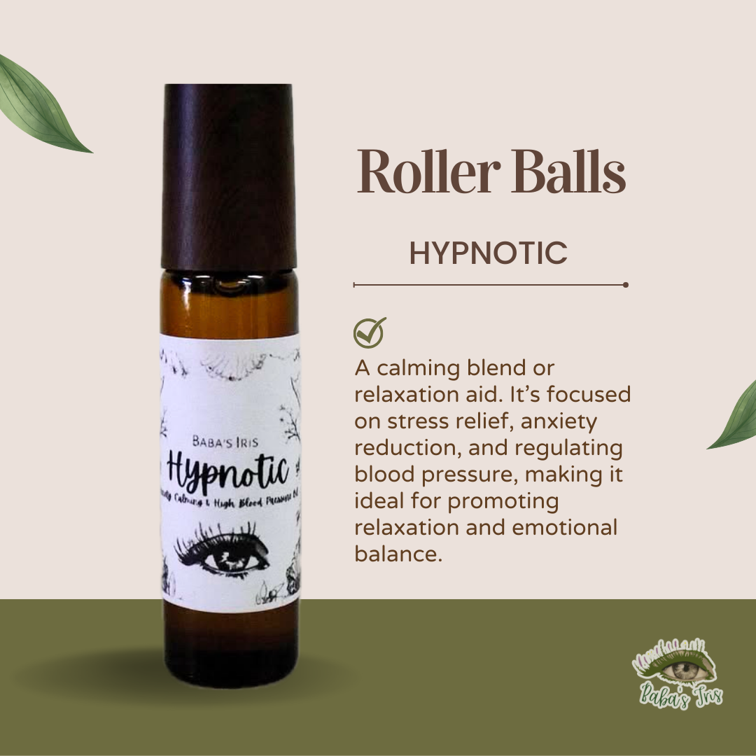 Amber roller bottle labeled Hypnotic with a text panel