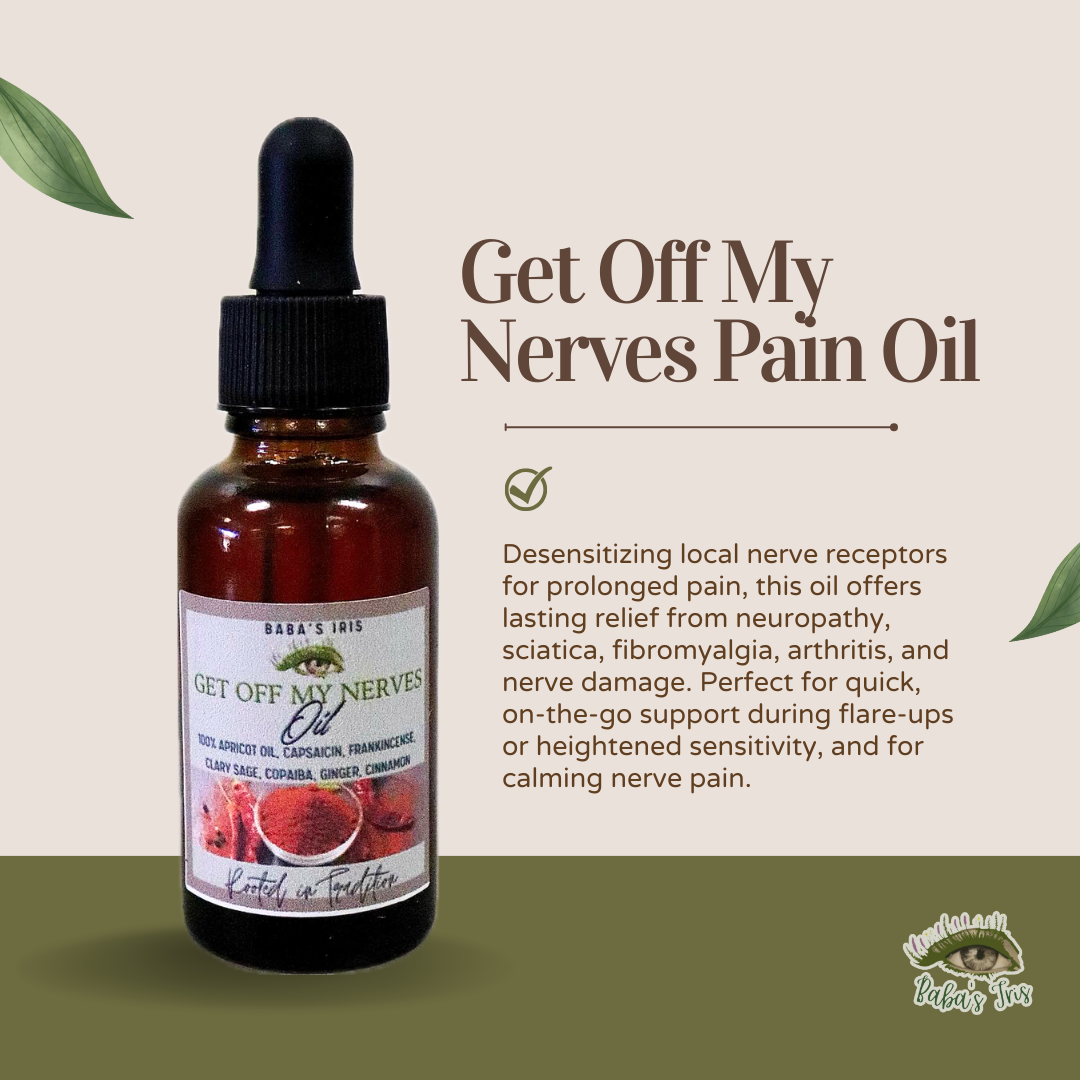 Amber dropper bottle labeled Get Off My Nerves Pain Oil with a text panel