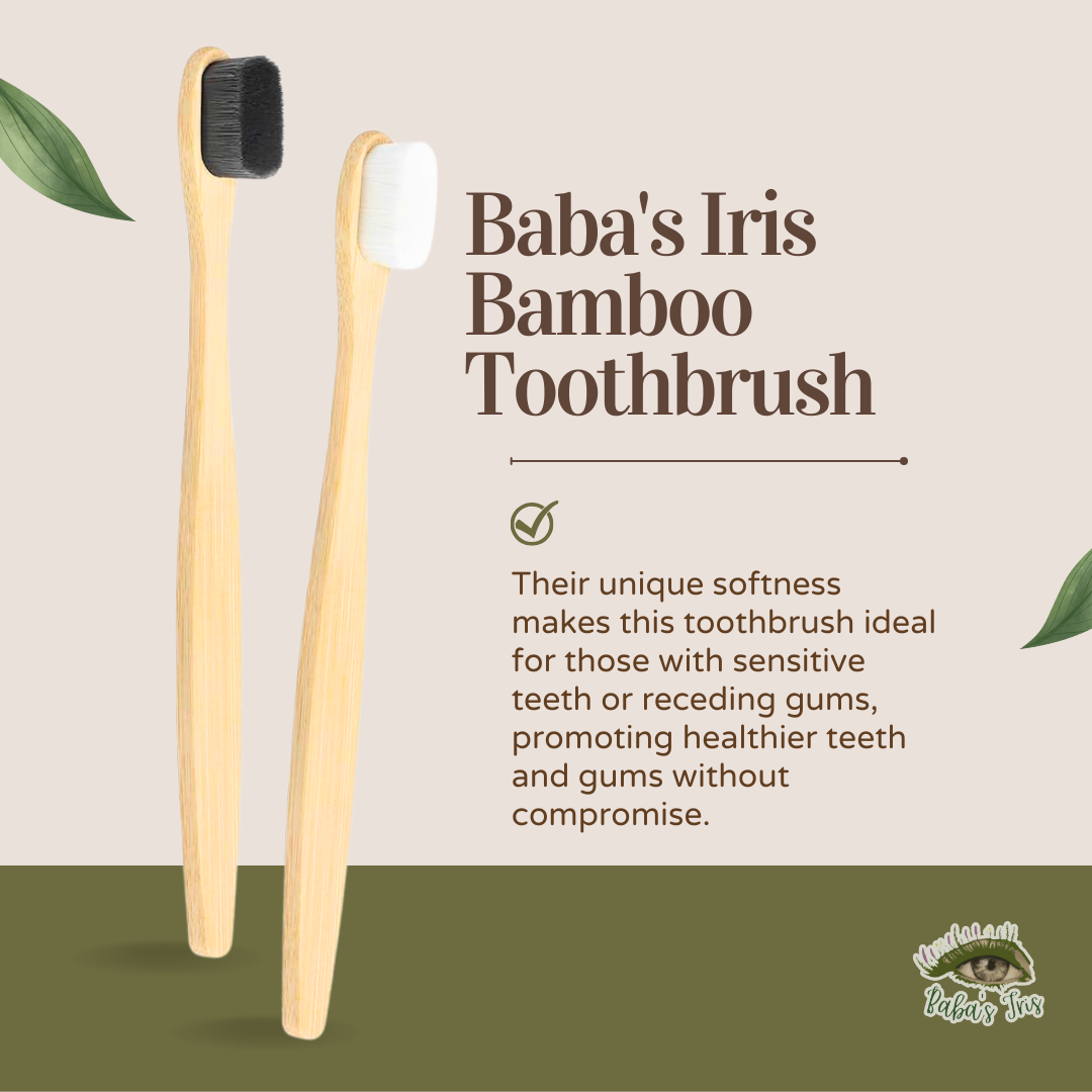 Two bamboo toothbrushes with black and white bristles