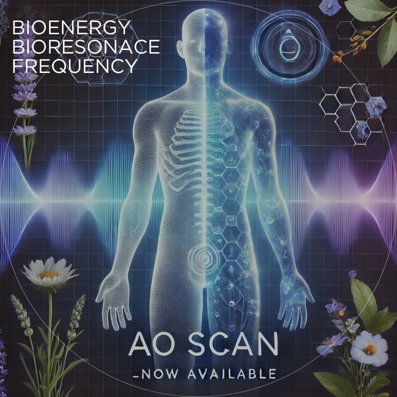 AO Scan graphic with a blue human figure and bioenergy frequency text