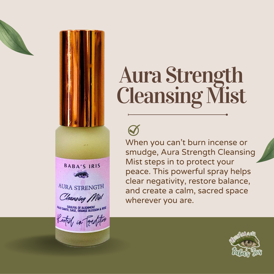 Aura Strength Cleansing Mist bottle with a gold cap