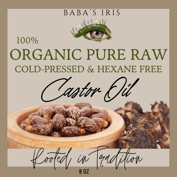 Baba’s Iris Organic Pure Raw Castor Oil graphic with castor beans