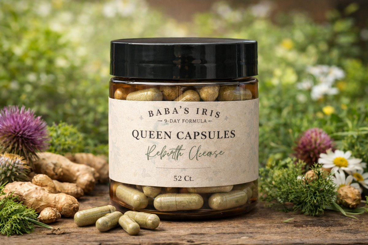 Baba’s Iris Queen Capsules jar with capsules and herbs